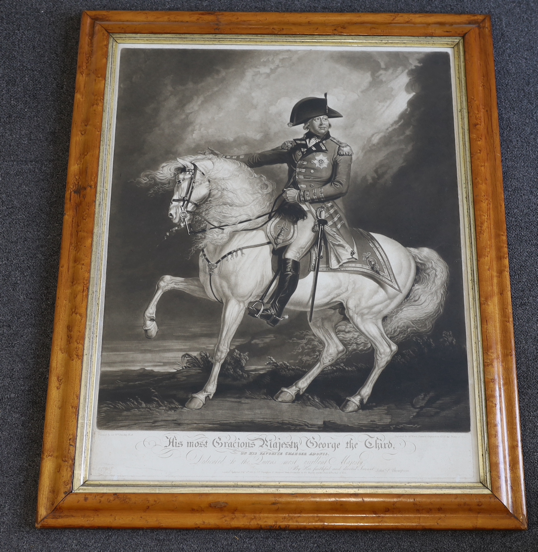 James Ward after Sir William Beechey, proof mezzotint, 'His Most Gracious Majesty George III on his favourite charger', published by J.P. Thompson 1811, visible sheet 73 x 56.5cm, maple framed